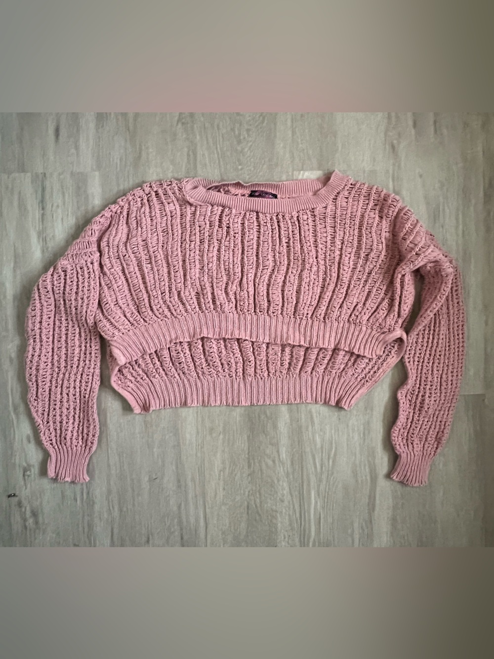 Pink Open Loose Knit Off-Shoulder Crop Sweater Lg